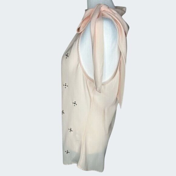 New York & Company Peach Sleeveless Embellished Bow Tie Blouse Medium - Picture 4 of 14